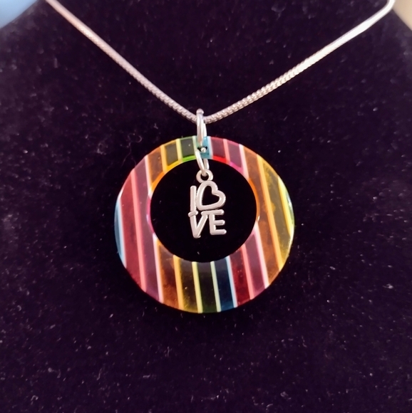 Vintage Handmade Rainbow Color Block Love Pride Silver Necklace Resin Pendant - Picture 4 of 10